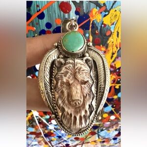 Hand Carved Bone Pendant,Bear Face Art,Natural Turquoise & Silver,3”in,1.05 OZ.